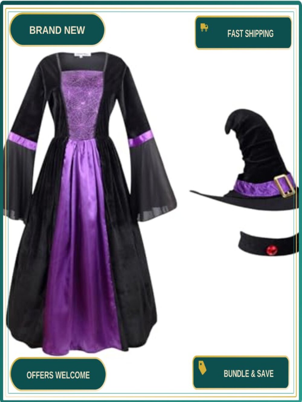 Wicked Witch Costume Dress with Hat & Choker Polyester Halloween